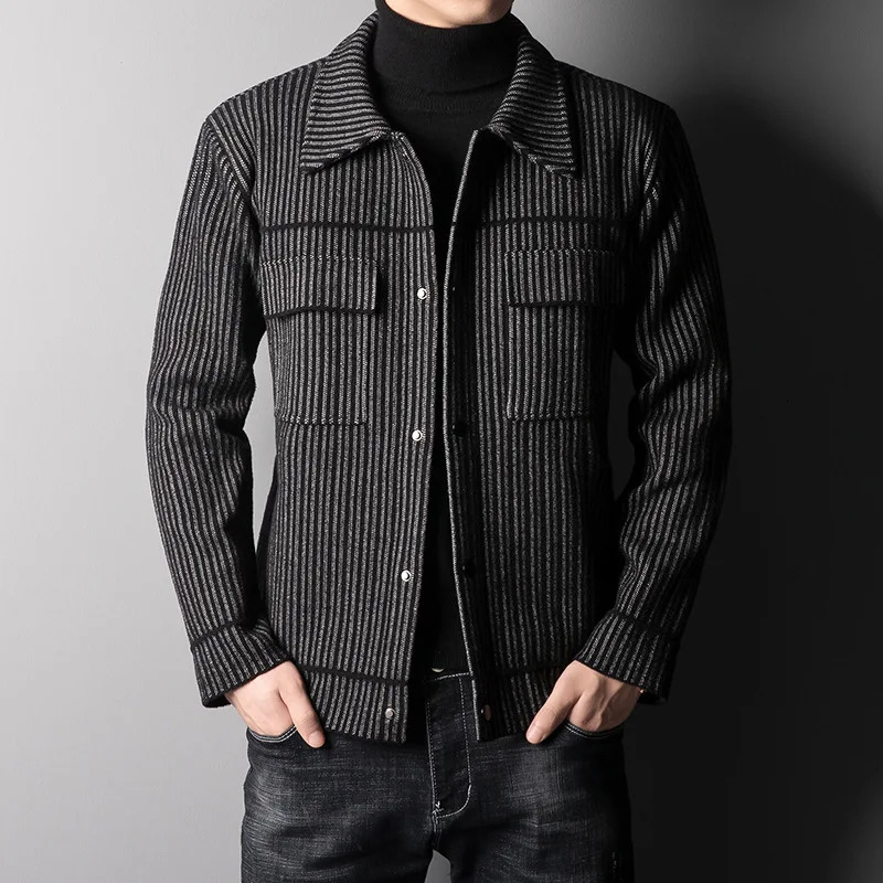 autumn and winter highend wool jacket mens Lapel trend handsome striped coat sweater casual wear 241213