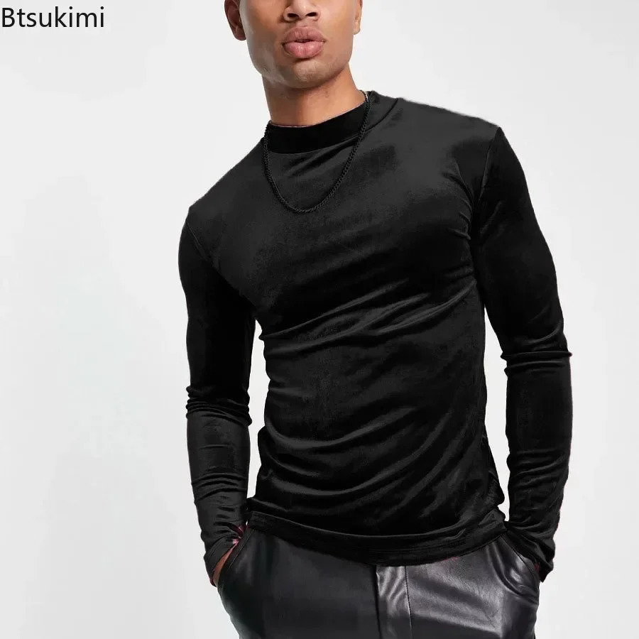2025 mens casual turtle neck velvet floral top solid long sleeved T-shirt for spring and summer warmth mens basic T-shirt 241210