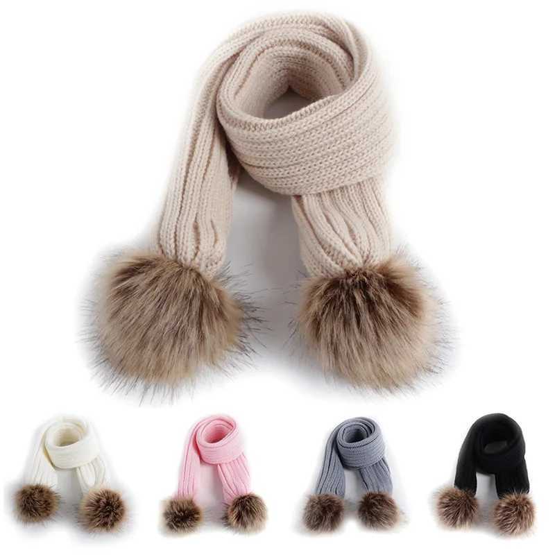 Scarves Wraps Winter Baby Scarf Girl Solid Faux Fur Pompon Children Knitted Scarves Neck Warmer Kids Artificial Wool Pom Thicken Scarves H241213