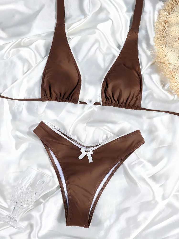 Brown Color Bikinis Bow Swimwear WomenS Summer Swimsuit 2024 Sexy Bikini Set Low Waist Beachwear Push Up Bathing SuitsXJ241212