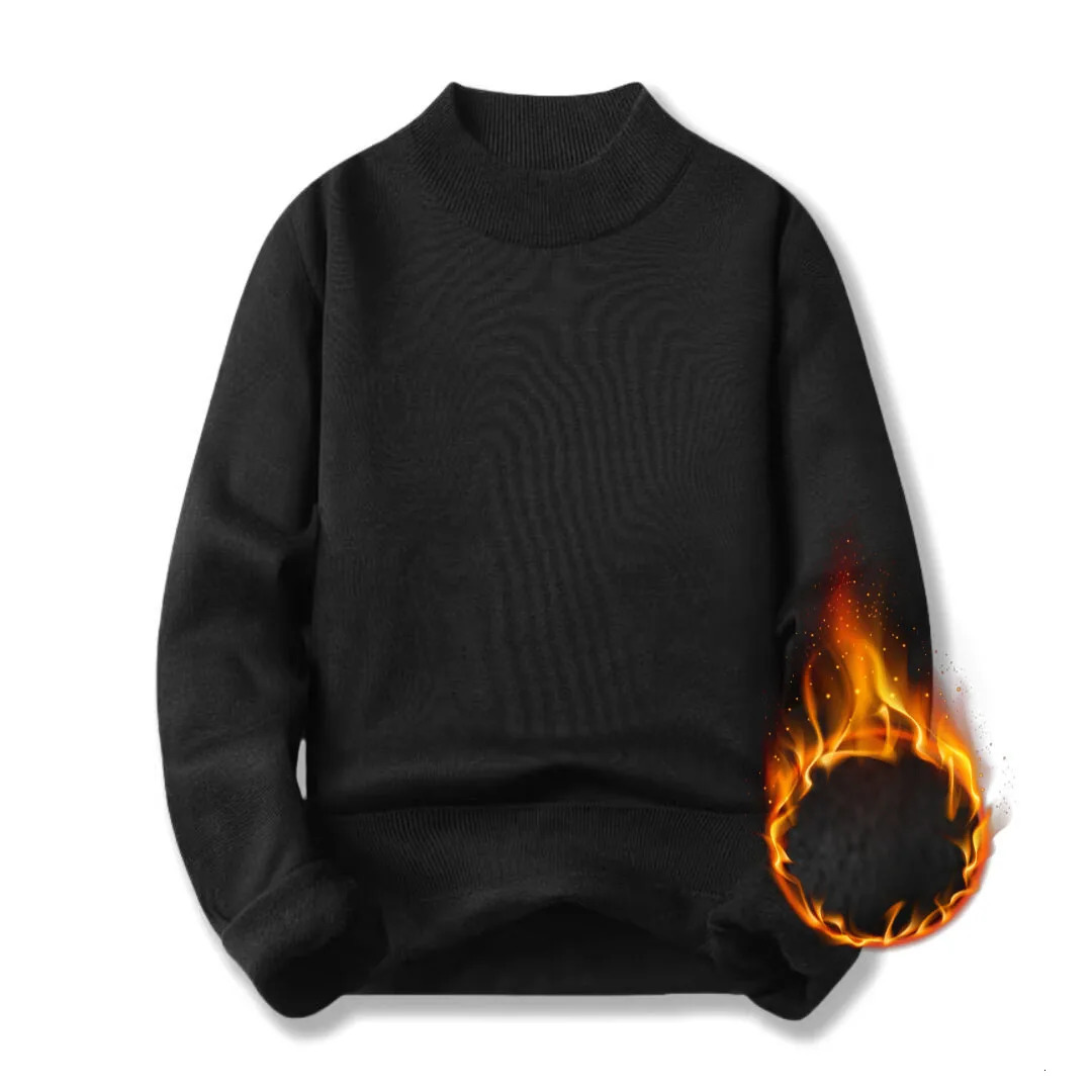 autumn and winter mens thick warm round neck sweater with wool lining solid color knitted casual base 241213