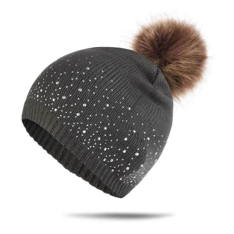 WZCX Fashion Rhinestone Inlay Solid Color Baby Pompom Hat Keep Warm Casual Tide Girls Hats ChildrenS Winter CapXJ241213