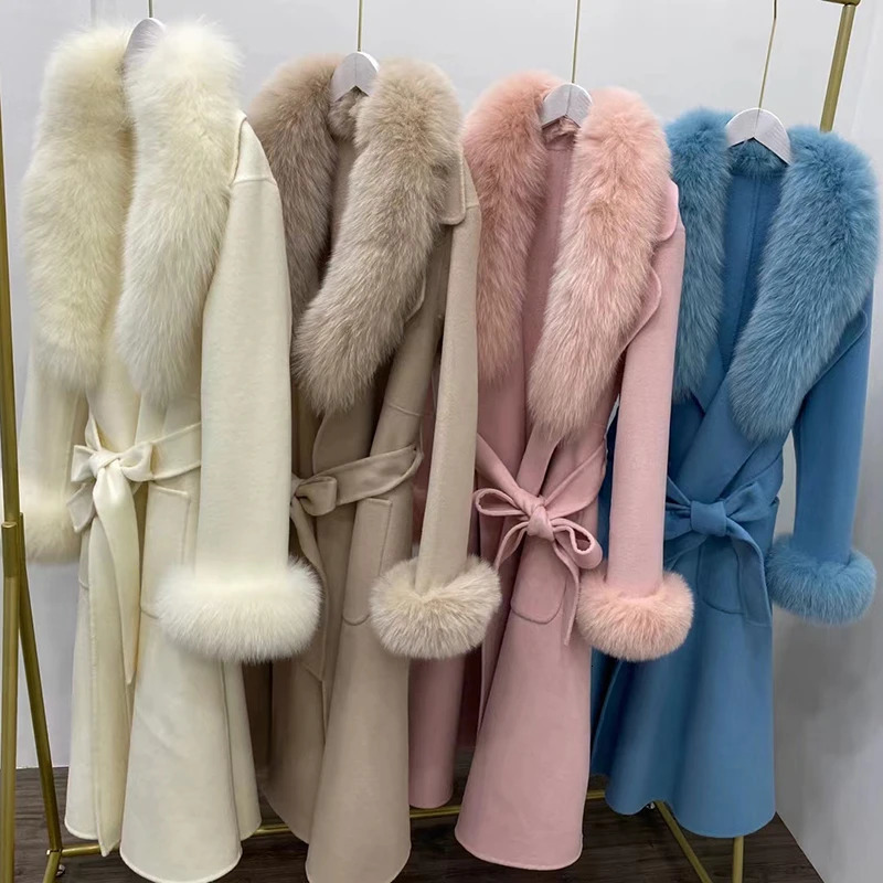 Real Fur Coat Winter Jacket Women Natural Fox Collar Cuffs Long Wool Blended Female Warm Thick Outerwear Streetwear 241213