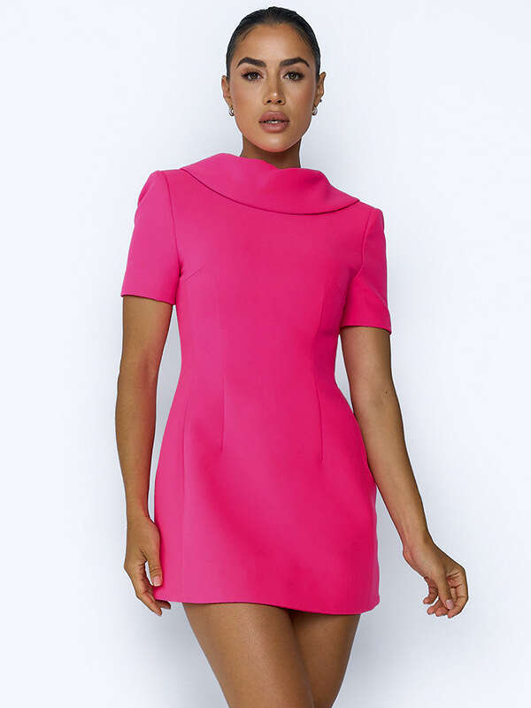 Skirt Set HIGH STREET Newest Fashion Designer Women's Eleagnt Short Sleeve Back V Bow Dress Hot Pink