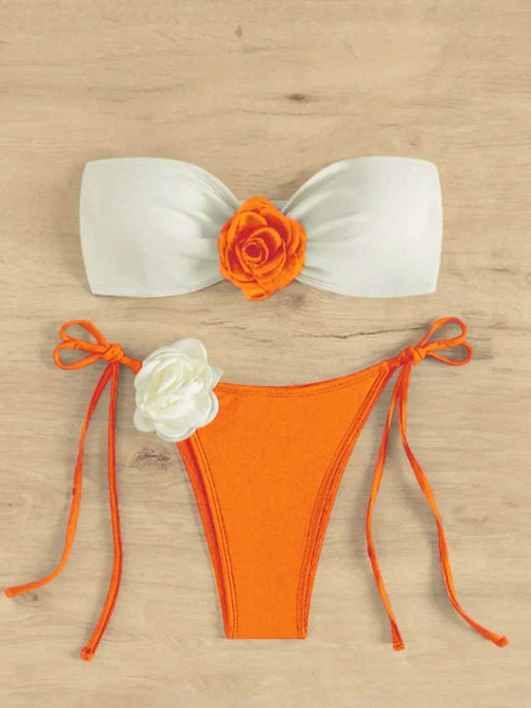 Sexy Floral Bandeau Bikini 2 Piece Set Women Lace Up Split Swimsuit High Waist ss Beach Bikini 2024 New Summer Bikinis SetXJ241212