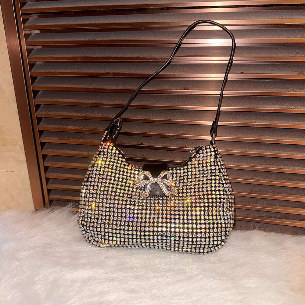 Luxury designer diamond studded women's armpit niche sparkling rhinestone dinner bag, cute bow handbag