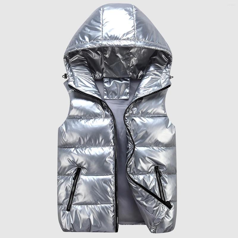 Womens Vests Autumn Winter Women Padded Shiny Vest Jacket Solid Zipper Hooded Bubble Coat With Pocket Lightweight Sleeveless Outerwear