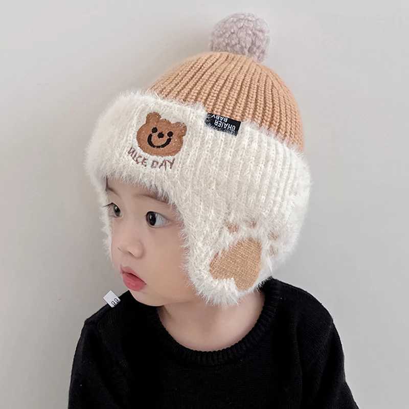 Children Plush Earmuffs Cap 1-6year Kids Winter Warm Knitted Hat Baby Bear Beanie Toddler Ear Protection CapsXJ241213