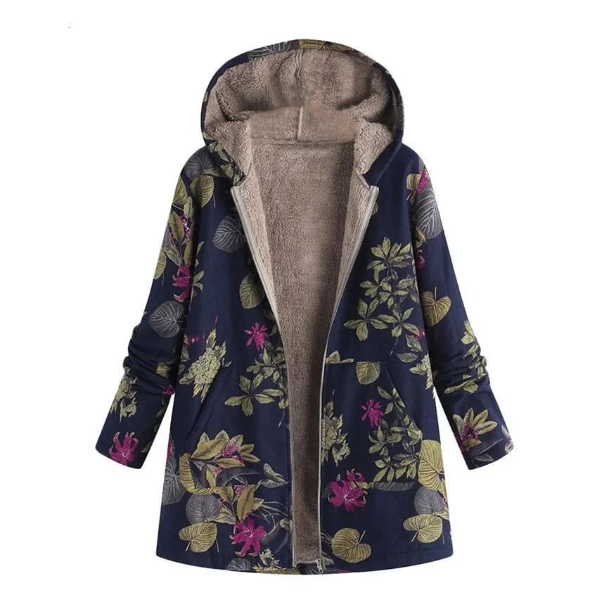 Hooded Coat Women Printed Long Sleeve Plus Size Vintage Tops Autumn Winter Warm Leisure Zipper Woolen Cloth Jacket 241213