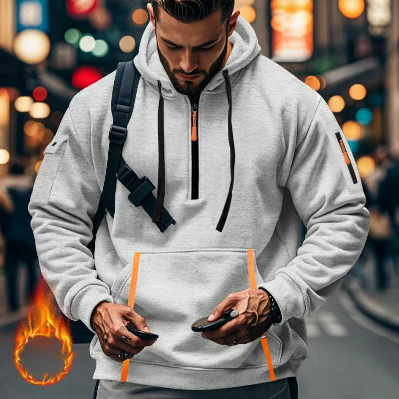Mens new autumn and winter collection equipped with plush heavyweight hoodies hooded zippers multi pocket zippers and mens sports jackets W241213