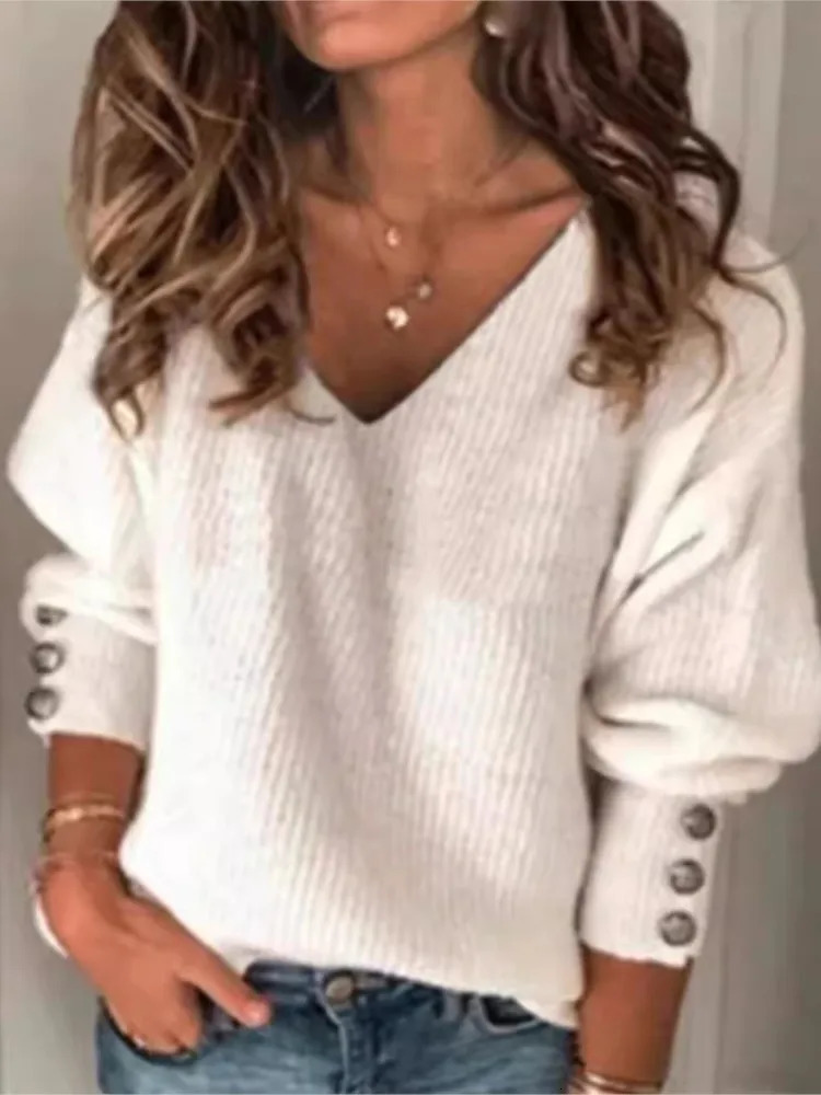 Spring Autumn Womens Loose Long Sleeve Knitted top Tshirt Solid VNeck Knit Sweater Pullover Female Tops For Women 2024 241203