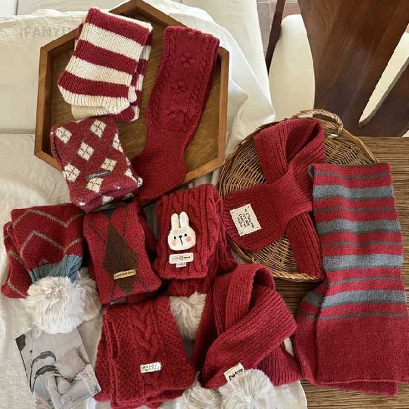 Scarves Wraps 0-10Y Red Childrens Scarf for New Year Christmas Winter Warm Soft Cotton Woolen Knit Windproof Scarves for Baby Boys and Girls H241213