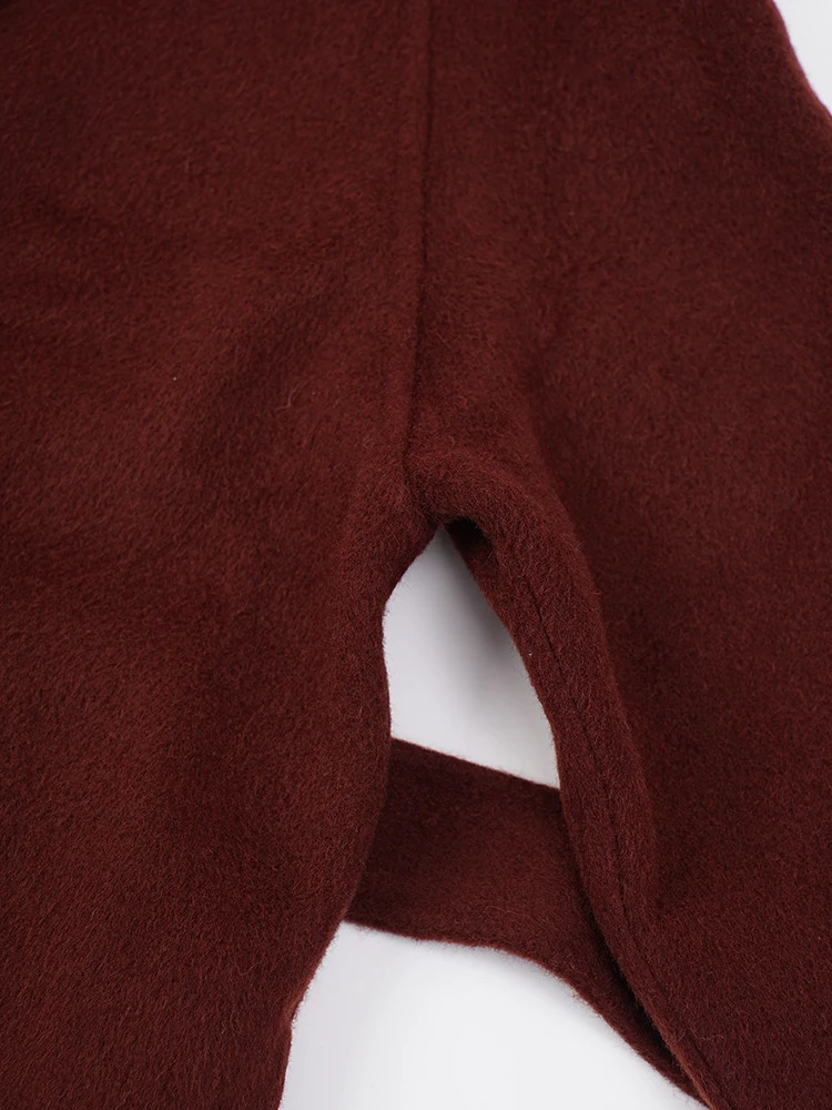 EAM Red Belted Big Size Long Thick Woolen Coat Stand Collar Sleeve Women Jacket Fashion Autumn Winter CPG 241213