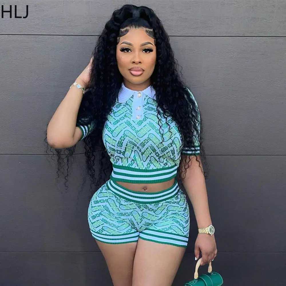 Women's Two Piece Pants HLJ Blue Summer Printing Shorts Two Piece Sets Women Polo Nack Crop Top And Shorts Outfits Fashion Y2K Matching 2pcs Strt