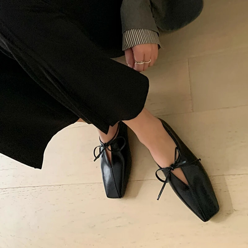 spring womens pump split style womens leather shoes square toe short and chubby sole black womens Loafers zaptos mujer 241213
