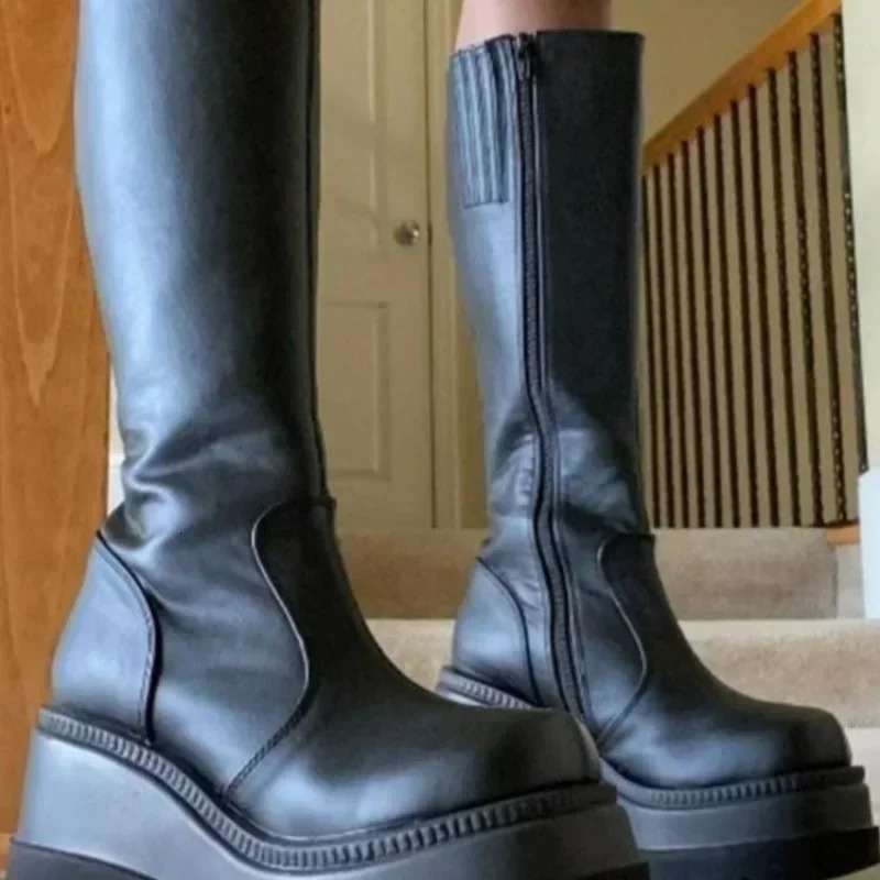 2024 Fashion Platform Womens Battle Winter High Heels High Quality Long Thick Zipper Knee Boots Botas Unprinted Platform Shoes 241213
