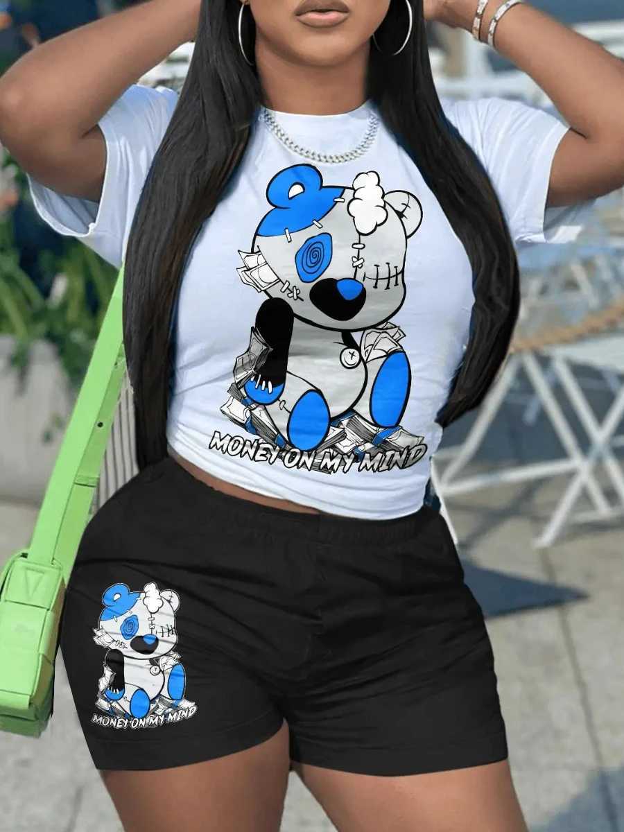 Women's Two Piece Pants LW Multicolor Two Pieces Shorts Suits Bear Letter Print Shorts Set Short Slve Pullover White Top Matching Bottoms Outfits