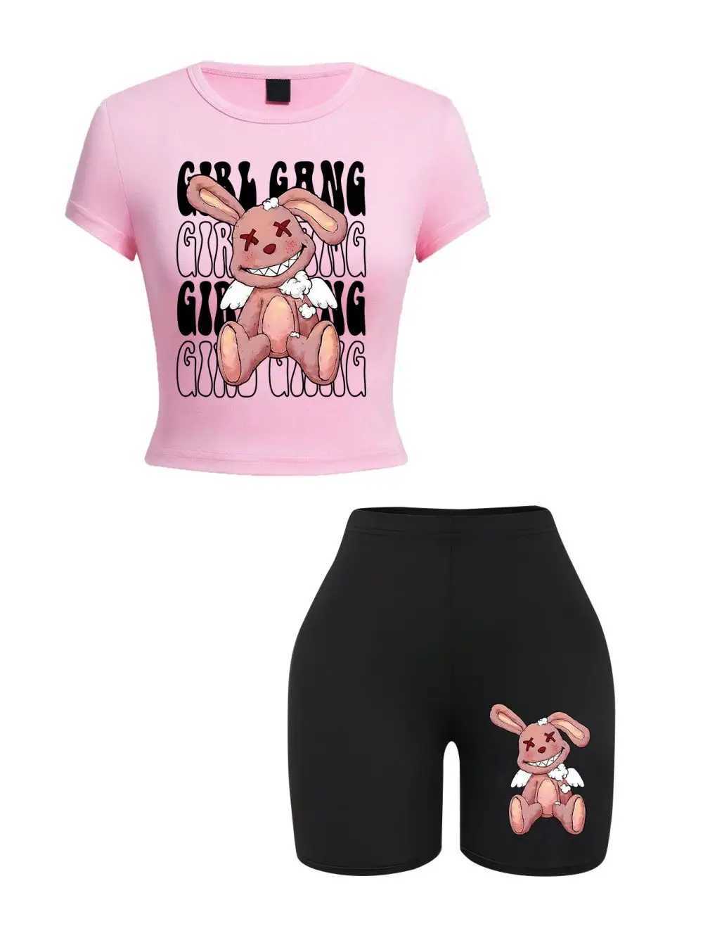 Women's Two Piece Pants Sporty Womans Crop Tops Shorts Two Pieces Set Girl Gang Bad Laughing Rabbit Prints T-Shirts High Elastic Soft Slim Clothe
