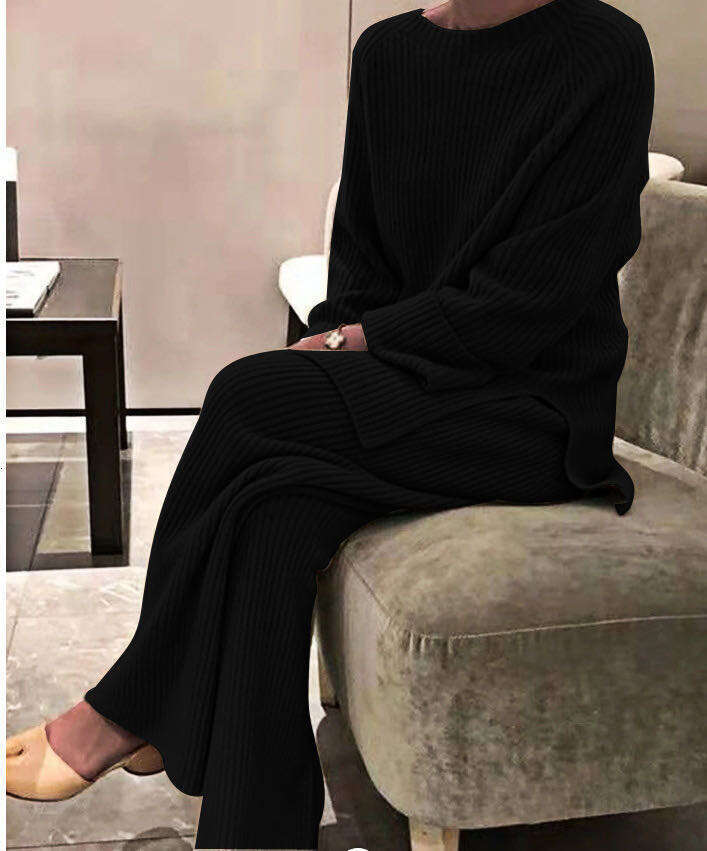 European And American Women's Long Sleeved Solid Color Casual Two-Piece Set Knitted Sweater Fashionable Quality Classic