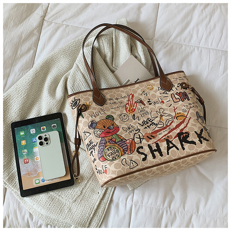 Fashion Printed Women's Bucket Bear Pattern Graffiti Tote Designer Handbag Large-Capacity Shopping Shoulder Bag PU Casual