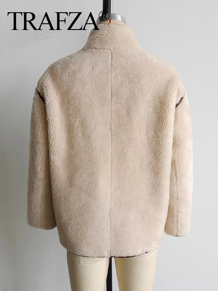TRAFZA 2024 Winter Female Beige Casual Thick Faux Fur Coat Fashion Woman With Buttons Long Sleeve Fleece Jacket Outerwear 241212