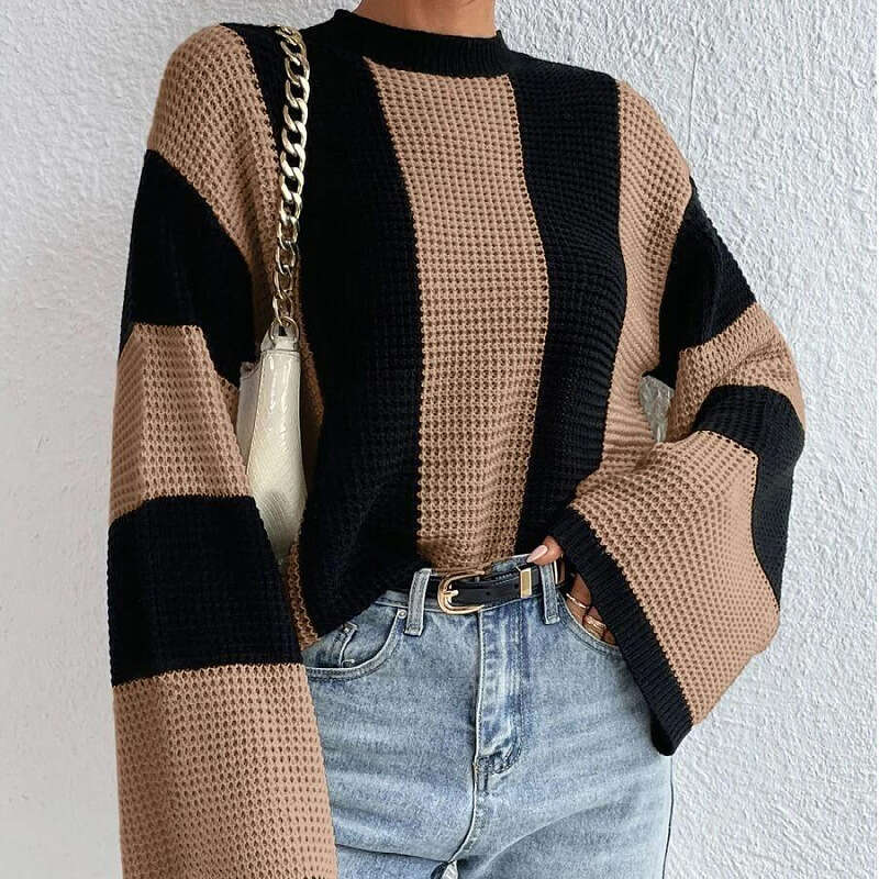 2024 autumn winter western-style knitted top with round neck and striped design, niche sweater jacket for women