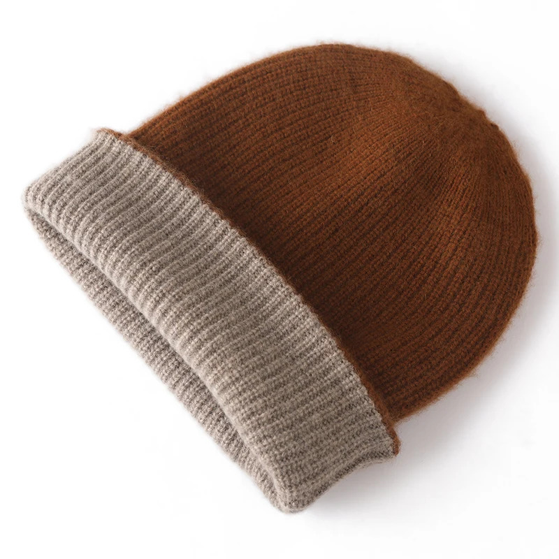 Double sided two tone cashmere hat thick and thick double-layer knitted hat neutral hat Merino wool hat warm hat outdoor hat 241205