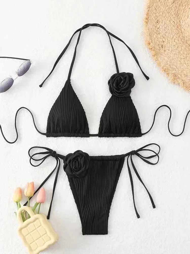 OIINAA Swimsuit Women Sexy 3D Rose Flower Bikini Set Solid Halter Swimwear Drawstring Lace Up Biquinis Two-pieces Bathing SuitXJ241212