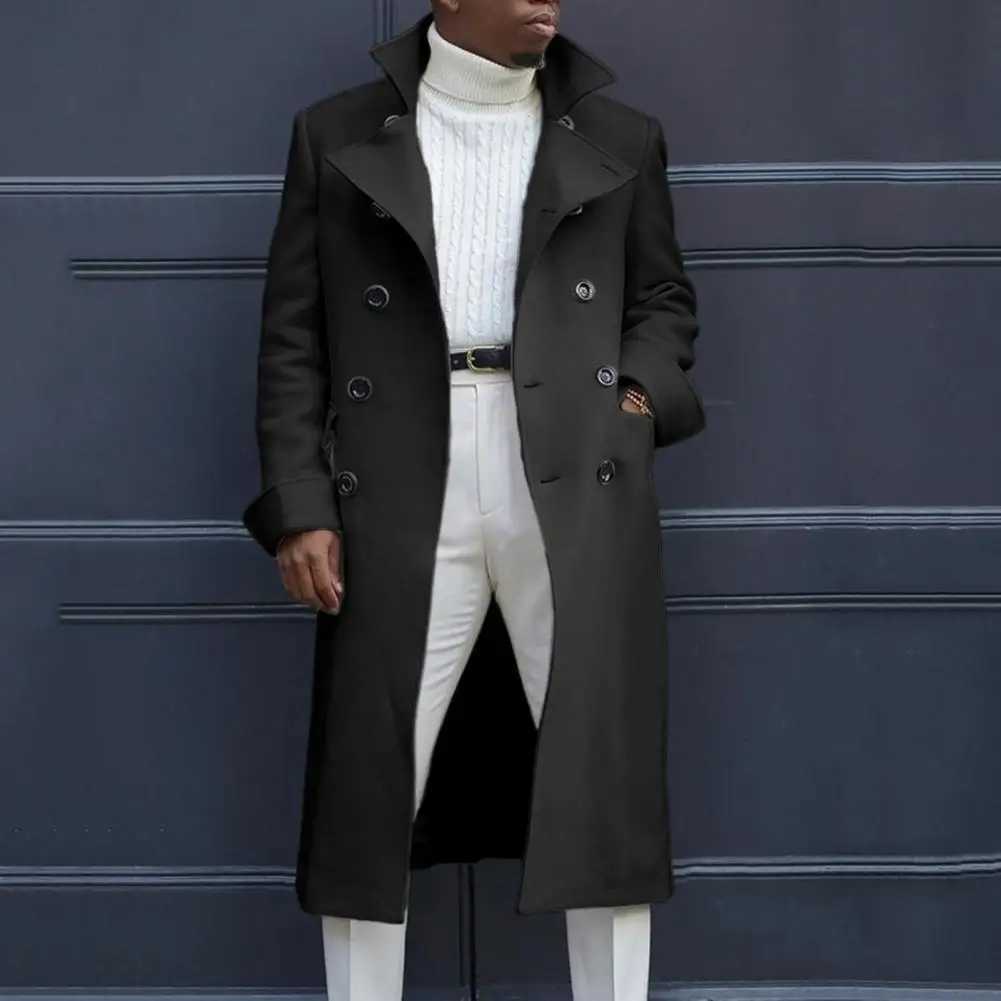 Lapel Men Coat Men Long Windbreaker Coat Stylish Mens Double-breasted Trench Coat Mid Length Windproof Thick Versatile for FallXJ241212