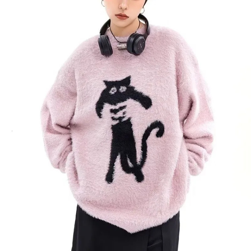 Cartoon Knitting Sweater Men Women Loose Knitted Jumpers Autumn Streetwear Haruku Cat Pattern College Knit Pullovers Couple