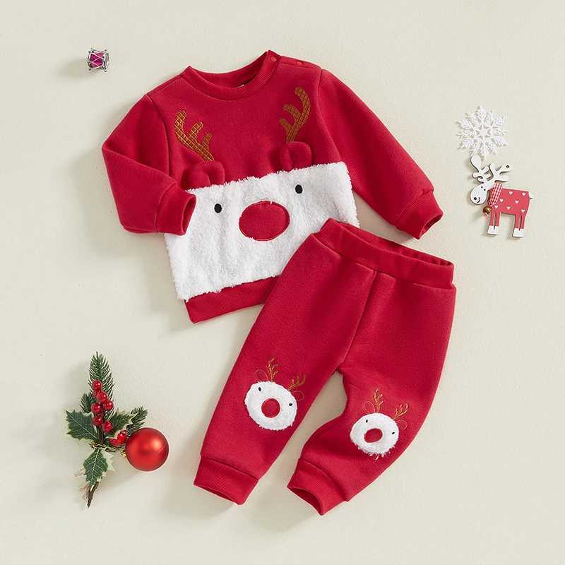 Pudcoco Preschool Girl Boy Christmas Set reindeer embroidery long sleeved crew neck sweatshirt elastic waist pants 2PCS set 0-3T W241213