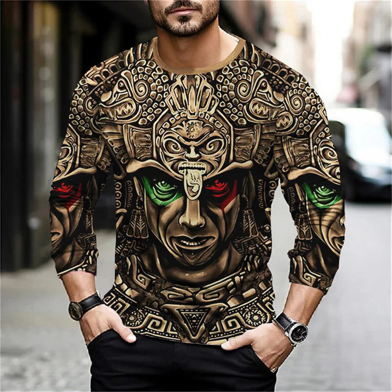 2024 Mexico Aztec Graphic T Shirts For Men Vintage 3d Printed Long Sleeve Tees Street Hip Hop Oversized TShirt Mens Clothing 241213