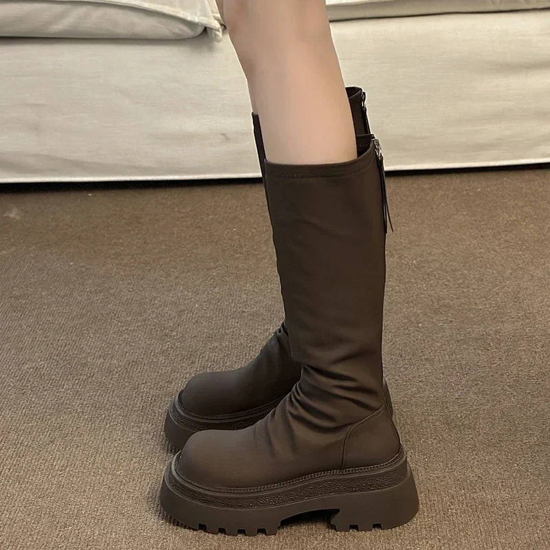 Platform Womens Knee High Boots Fashion Strap Zipper Knight Boots Autumn Womens Thick Boots 241213