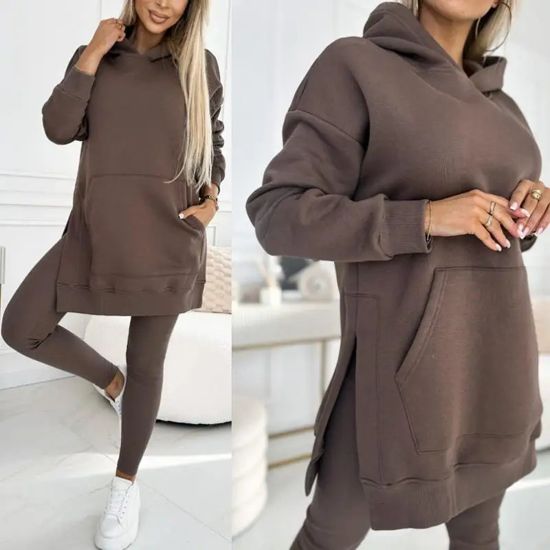 Thick casual long sleeves with large pockets hoodie threaded legs sports slim pants 2piece set 241211