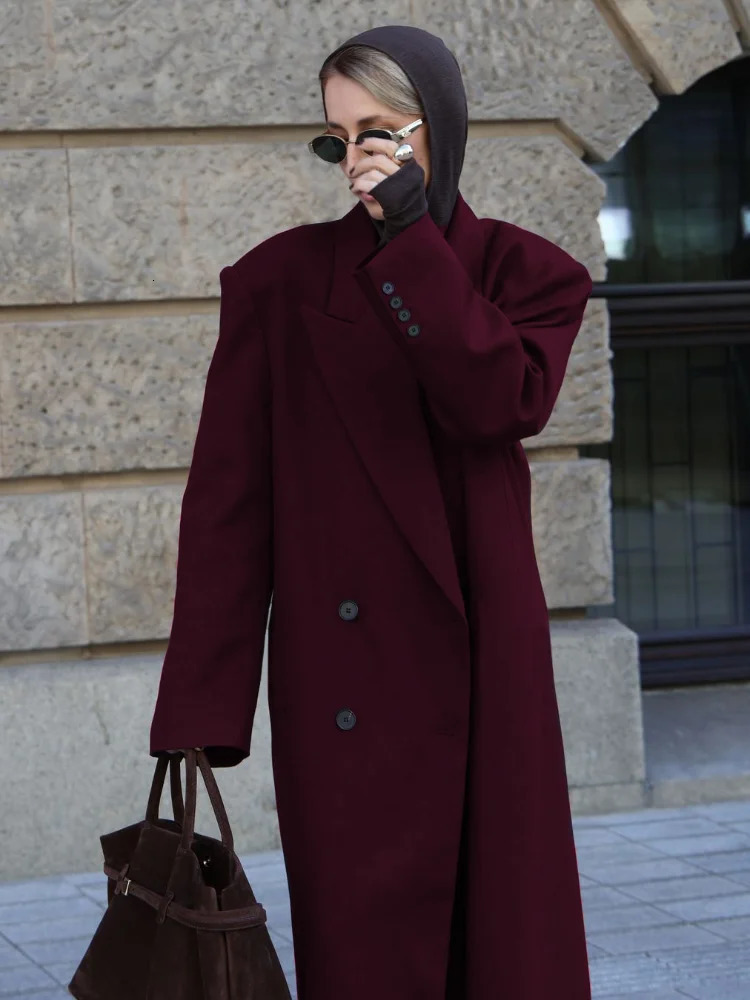 Elegant Burgundy Doublebreasted Woolen Long Coat Women With Pockets Full Sleeves Overcoats Autumn Lady High Street Outwear 241213