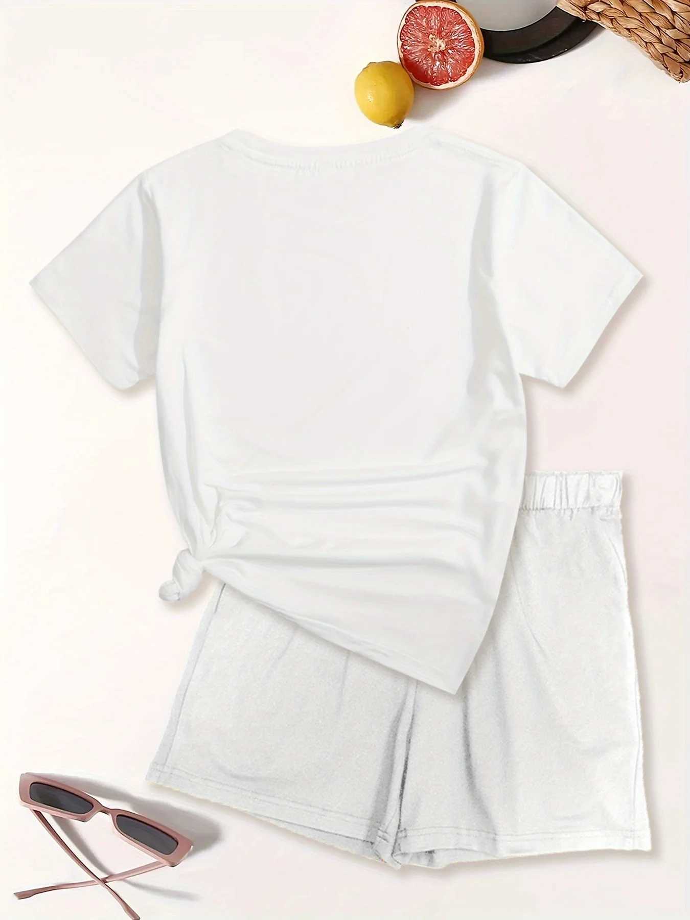 Women's Two Piece Pants Summer womens Comfortable and loose white cartoon print casual loose round neck short slved T-shirt shorts two-piece set 