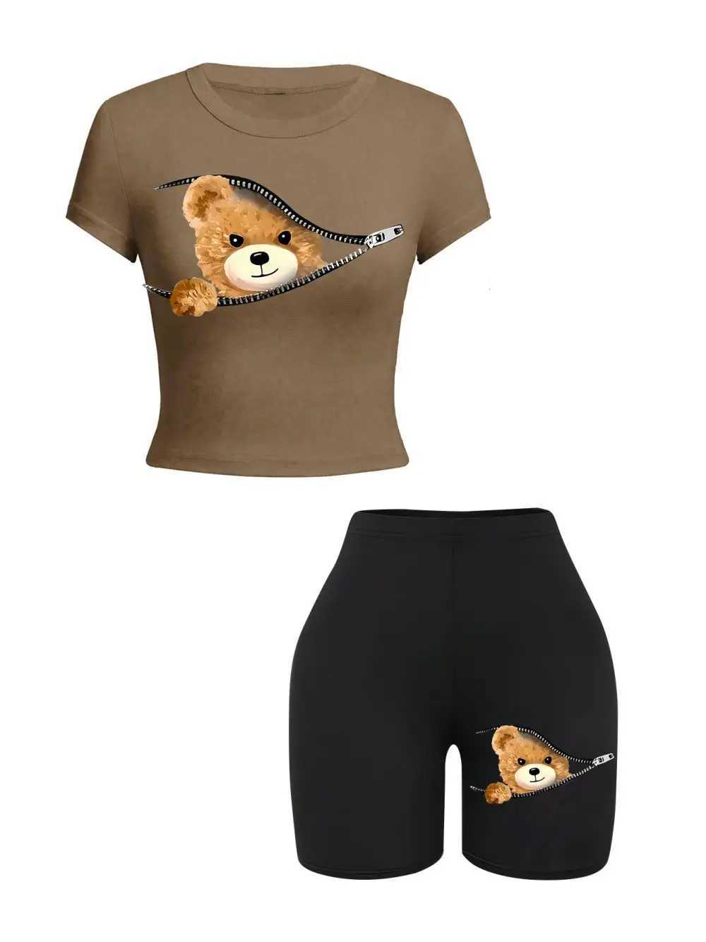 Women's Two Piece Pants 2 Pieces Set Women Slim Crop T-Shirts Shorts A Teddy Bear Emerged From The Zipper Prints Tops Sporty High Elastic Soft Cl