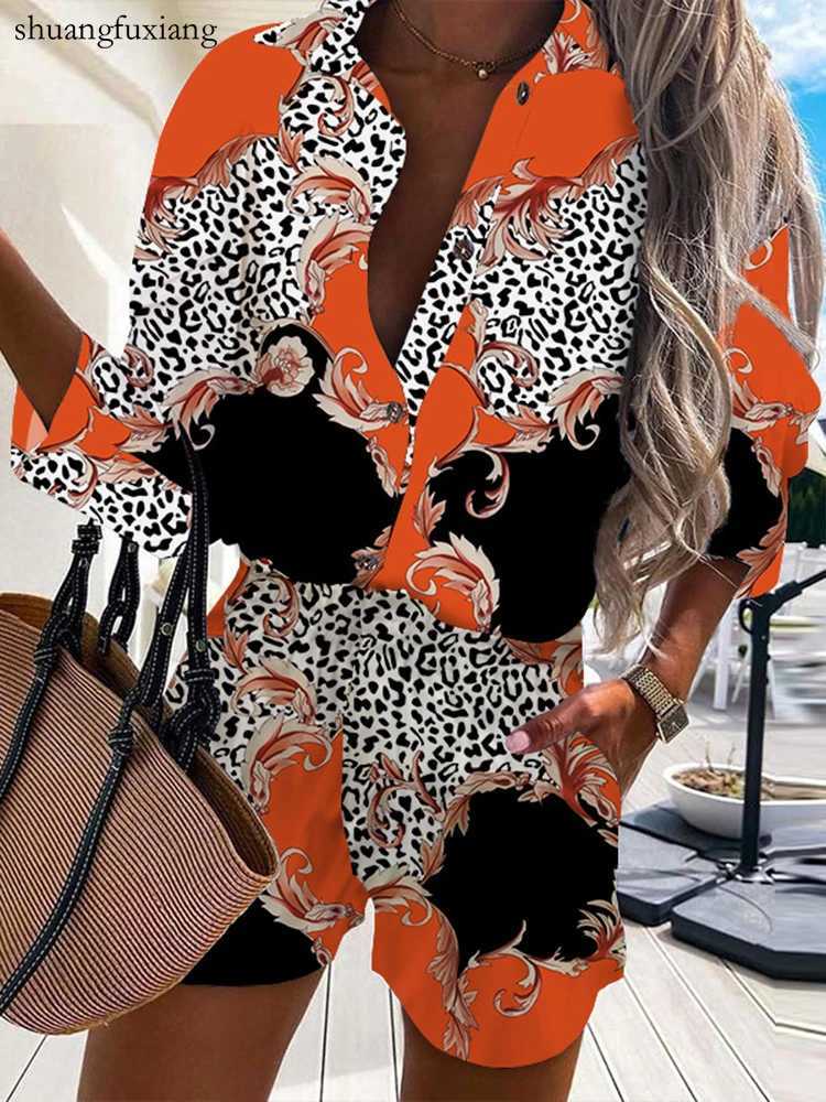 Women's Two Piece Pants Autumn Casual Beach Outfits For Women 2024 Spring Half Slve Shirts Tops And Shorts 2 Piece Set Leopard Print Two Piece Se