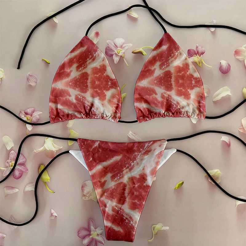 Funny pork belly pattern printed bikini set personality fashionab skinny bikini deep V summer beachwear party bikiniXJ241212