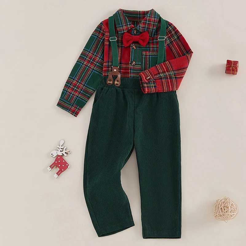 FOCUSNORM 1-7Y Preschool Boys Gentlemens Clothing Set Christmas Checkered Printed Button Long Sleeve Shirt and Hangers W241213