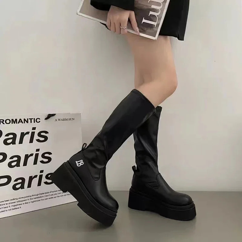 Autumn and Winter Short and Fat Womens Knee High Boots Fashion Soft Leather Platform Shoes Comfortable Long Botas De Mujer 241212