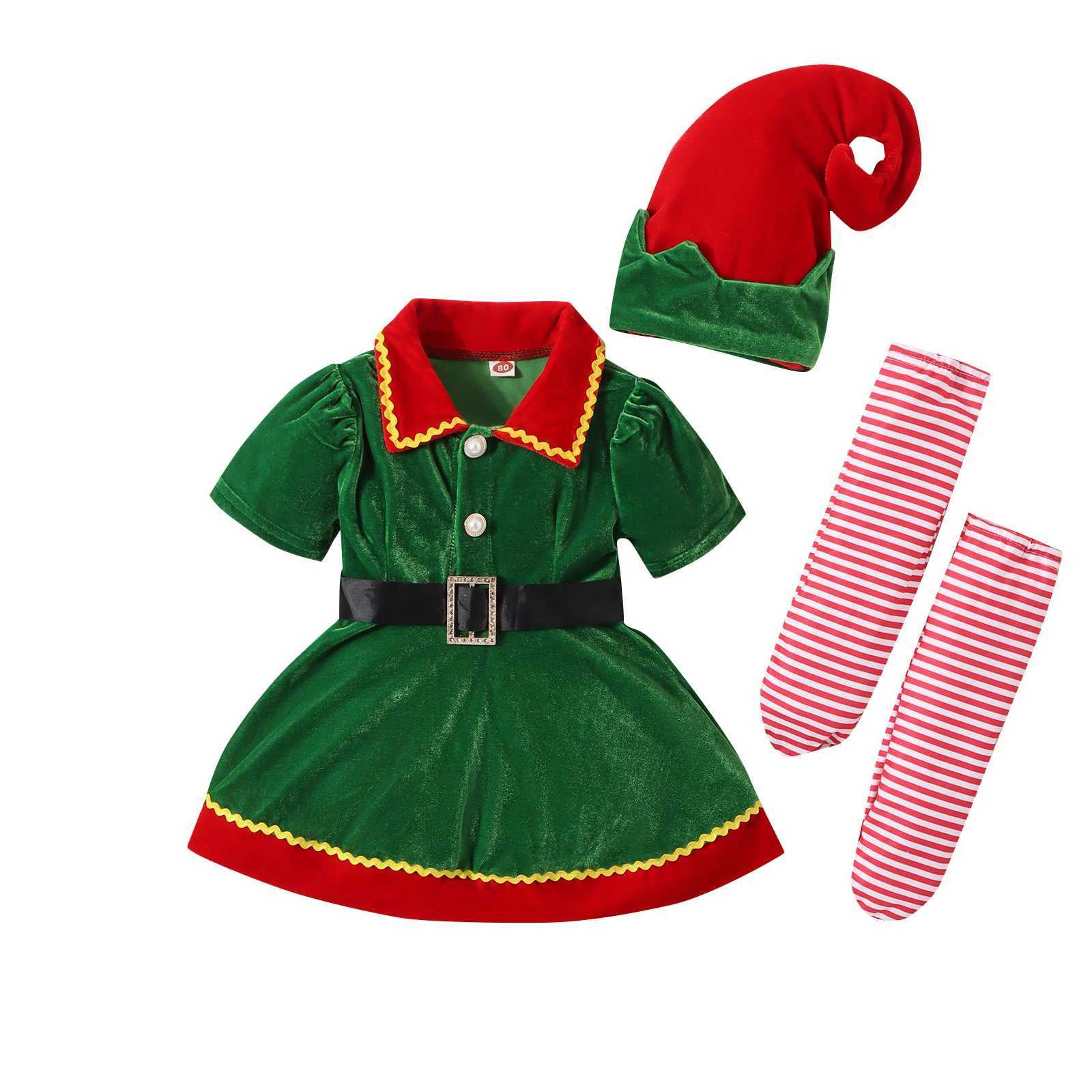 BeQeuewll Preschool Girls Christmas Elf Costume Contrast Color Short Sleeve Doll Collar Dress Hat and Striped Sock Set W241213