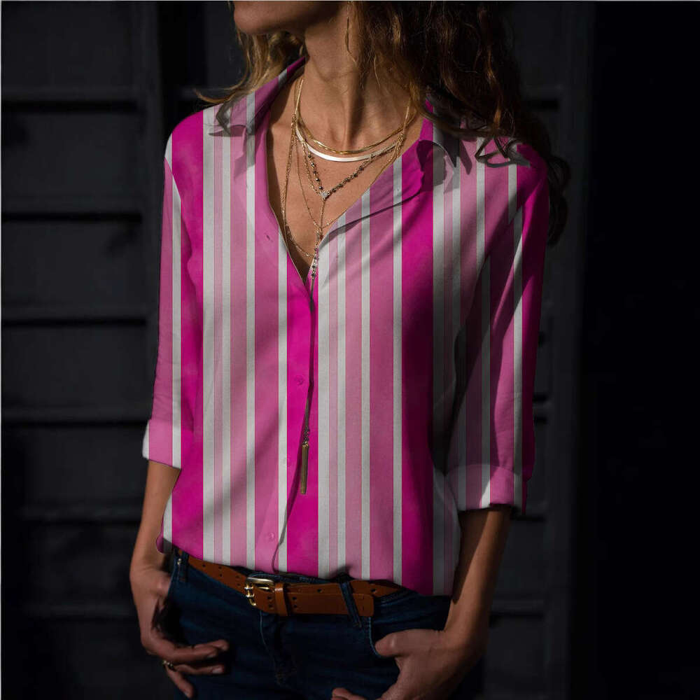 Women's Tops, Digital Long Sleeved Striped Printed Shirts, Trendy Clothing, Fashionable And Casual Temperament