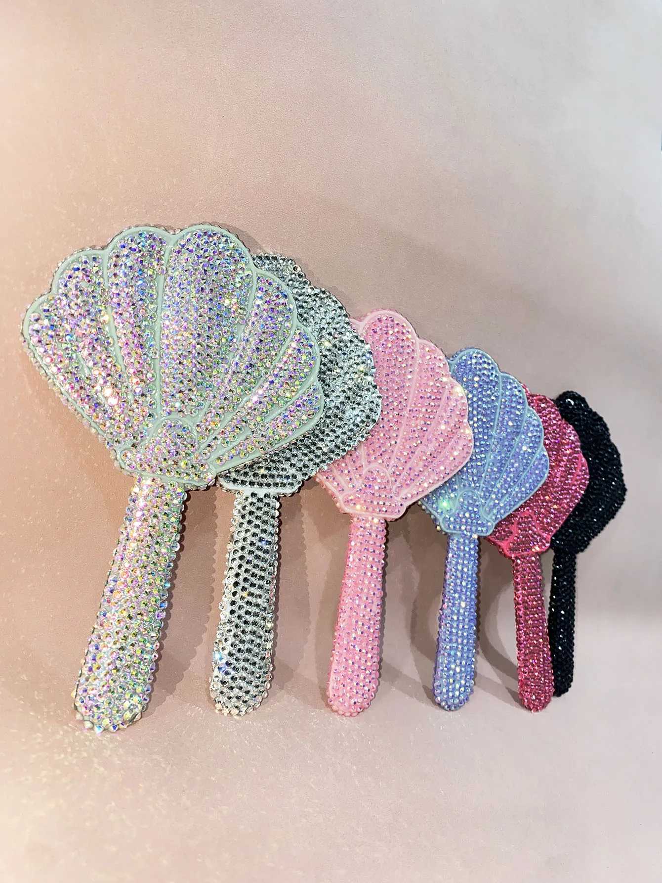 Diamond-encrusted Shell Hand-held Plastic Makeup Mirror Girls Cosmetic Mirror Creative Handmade DIY Small MirrorXJ241213