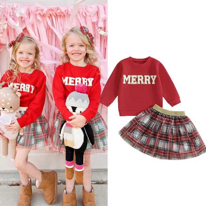 FOCUSNORM 1-6Y Fashion Preschool Girls Autumn Clothing Set Christmas Letter Embroidered Sports Shirt Top+Plain Lace Skirt W241213