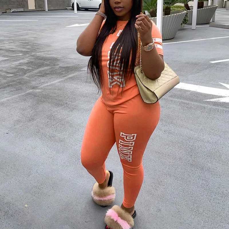 Women's Two Piece Pants Sexy Women Two Set Pcs Letter Print Sweat 2 Piece Set Womens Outfits Fashion Short Slve Tops Pants Set Summer Sportswear 