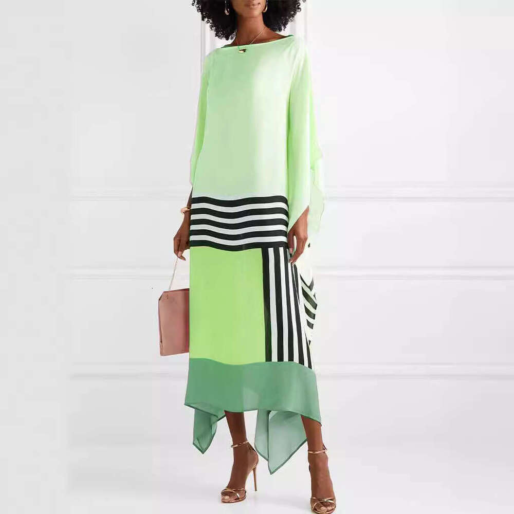 European American New Summer Autumn Women's Comfortable And Fashionable Solid Color Printed Casual Slanted Shoulder Long Dress
