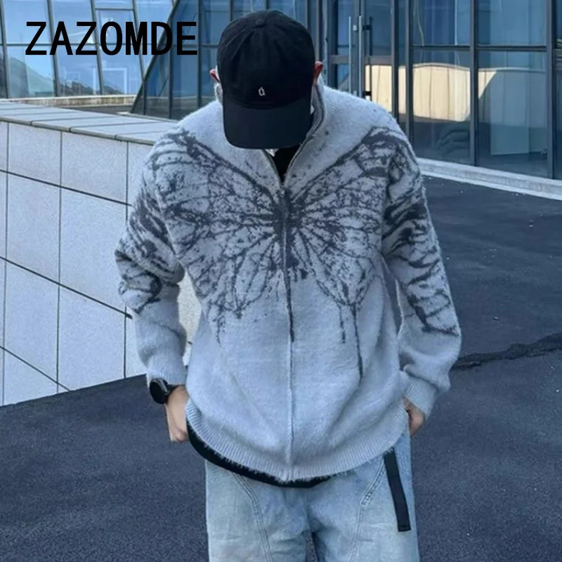 ZAZOMDE Winter Vintage Butterfly Graphic Zip Up Cardigan Man Y2k Streetwear Oversized Knitted Sweater Jacket Long Sleeve Tops 241213
