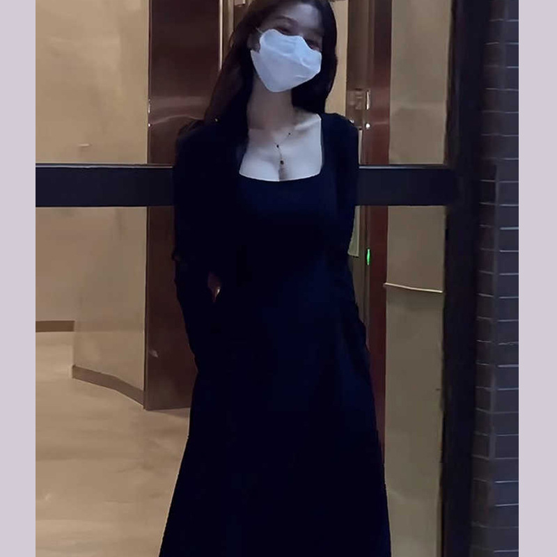 H731 White long-sleeved square-neck dress early autumn new style women's clothing small slim temperament long dress