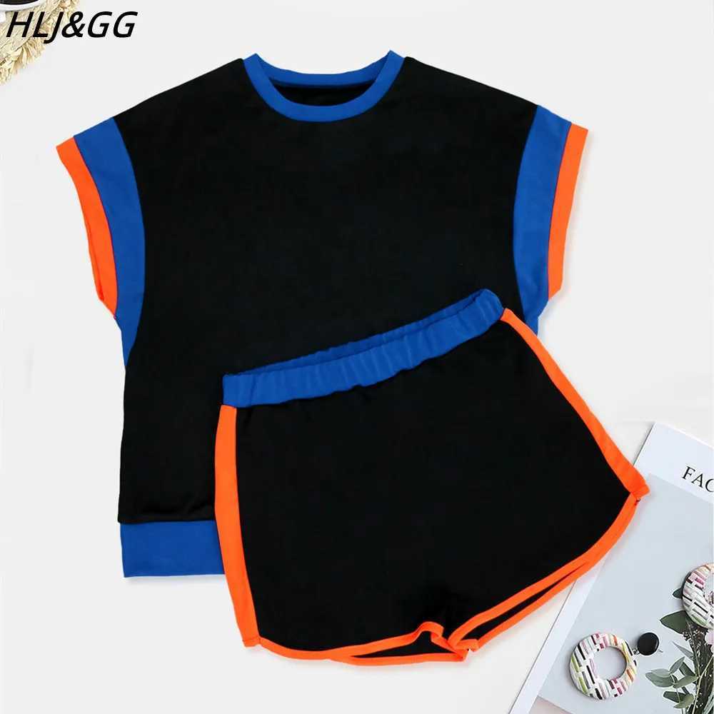 Women's Two Piece Pants HLJ GG Fashion Color Splicing Shorts Two Piece Sets Women O Neck Tshirts And Shorts Tracksuits Casual Female Sporty 2pcs 